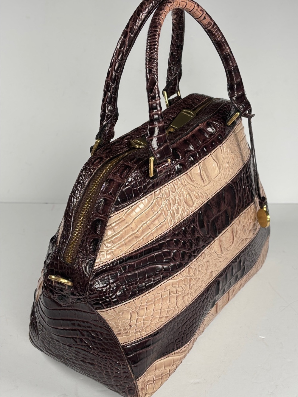 Brahmin Striped Dome Croc-Embossed Satchel Bag in Dark Brown and Beige - Picture 5 of 16